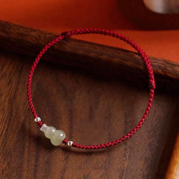 Adjustable Red String Bracelet Anklet with Hetian Jade & Wu Lou Gourd