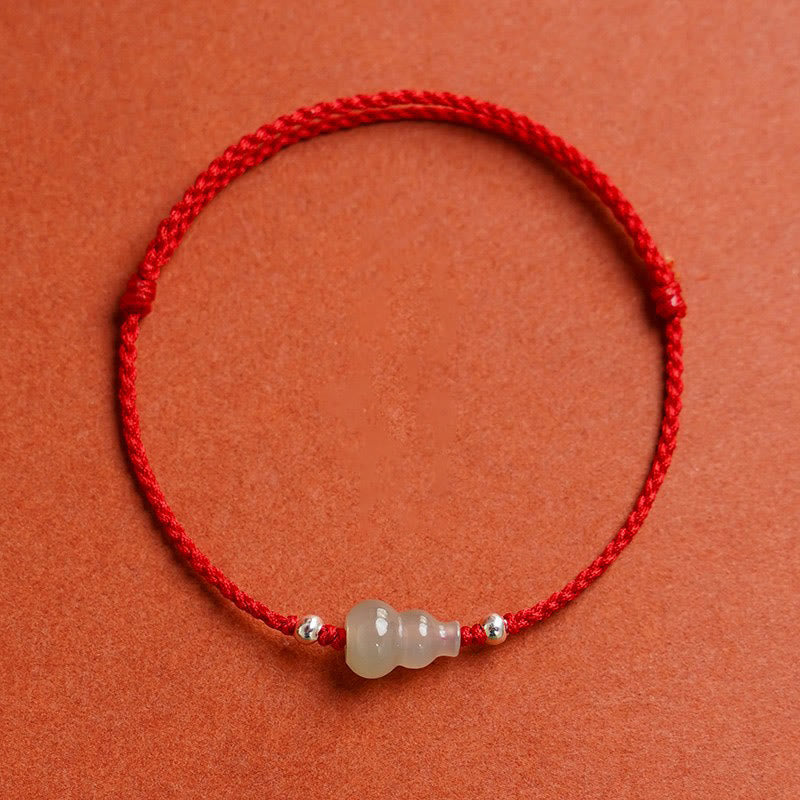 Adjustable Red String Bracelet Anklet with Hetian Jade & Wu Lou Gourd
