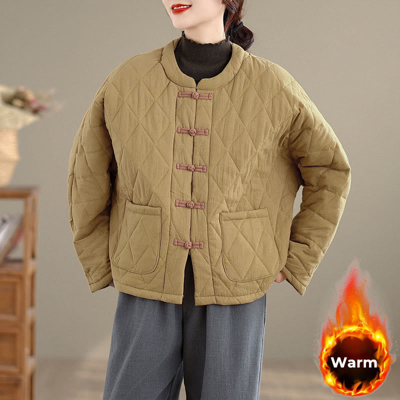 Winter Frog-Button Diamond-shaped Lines Cotton Long Sleeve Women's Thermal Jacket With Pockets