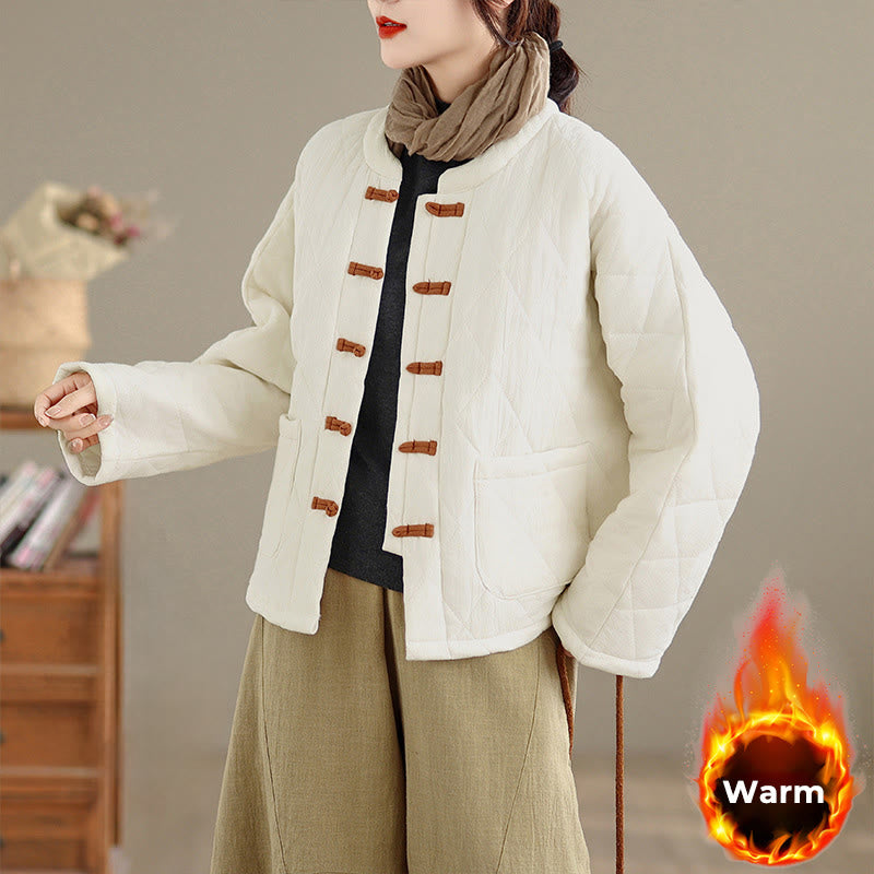 Winter Frog-Button Diamond-shaped Lines Cotton Long Sleeve Women's Thermal Jacket With Pockets