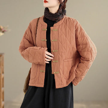 Winter Frog-Button Diamond-shaped Lines Cotton Long Sleeve Women's Thermal Jacket With Pockets