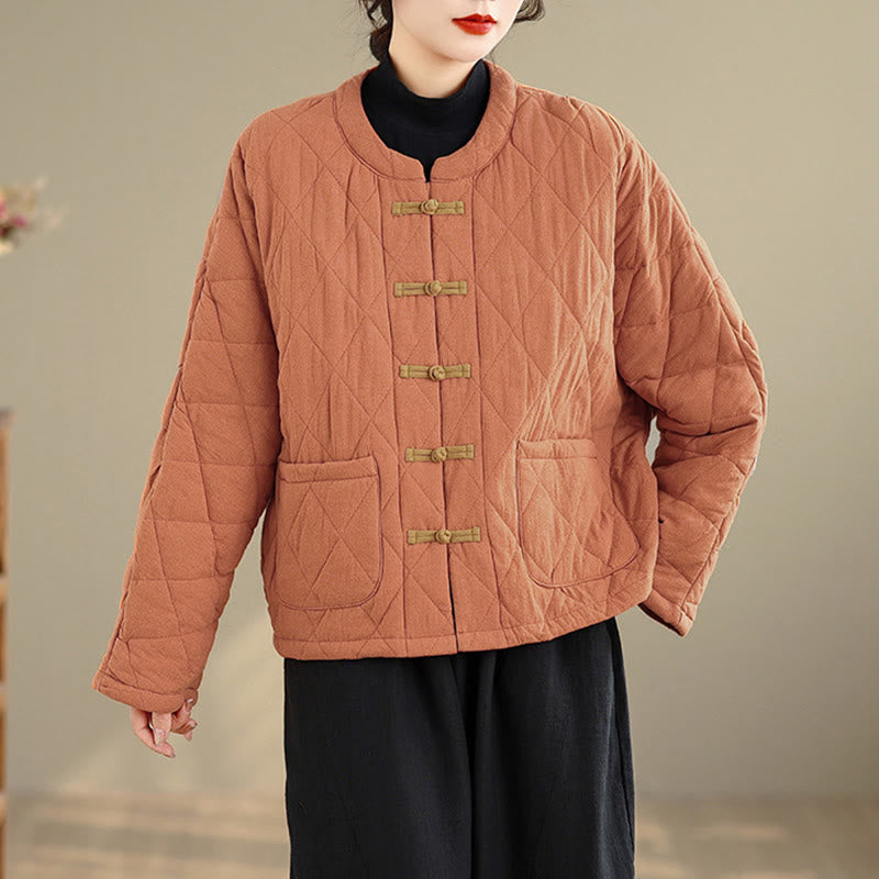 Winter Frog-Button Diamond-shaped Lines Cotton Long Sleeve Women's Thermal Jacket With Pockets