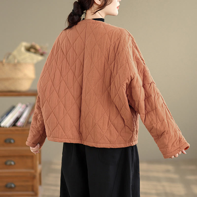 Winter Frog-Button Diamond-shaped Lines Cotton Long Sleeve Women's Thermal Jacket With Pockets