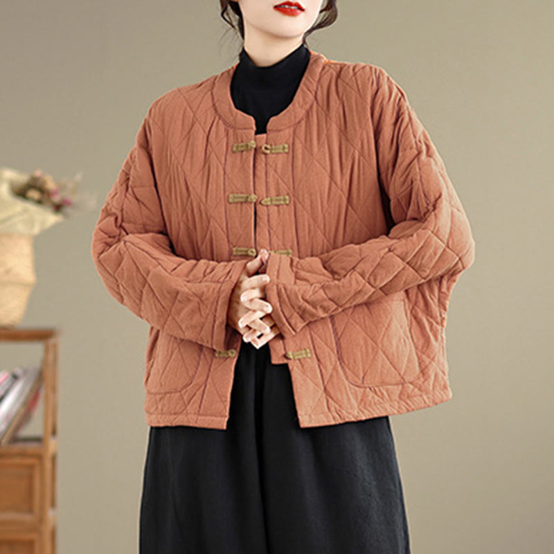 Winter Frog-Button Diamond-shaped Lines Cotton Long Sleeve Women's Thermal Jacket With Pockets