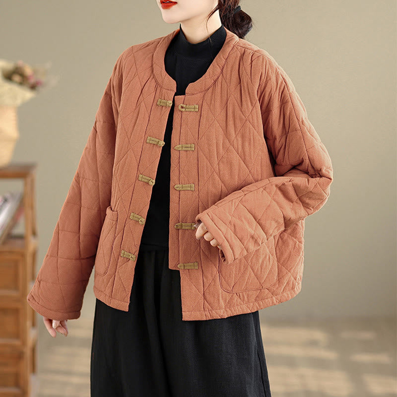 Winter Frog-Button Diamond-shaped Lines Cotton Long Sleeve Women's Thermal Jacket With Pockets