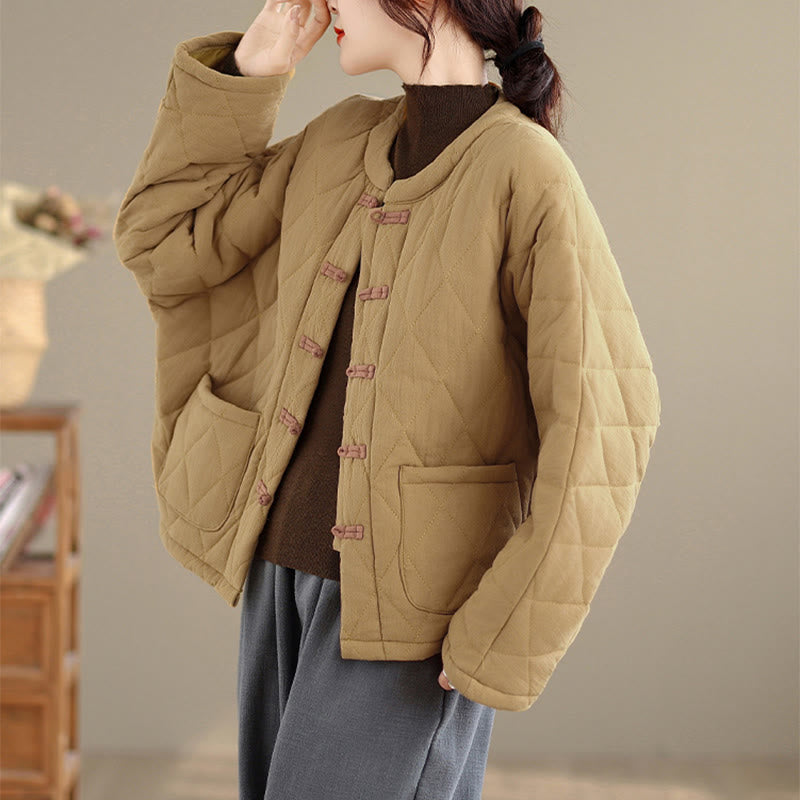 Winter Frog-Button Diamond-shaped Lines Cotton Long Sleeve Women's Thermal Jacket With Pockets