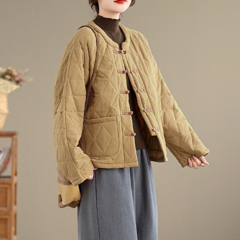 Winter Frog-Button Diamond-shaped Lines Cotton Long Sleeve Women's Thermal Jacket With Pockets