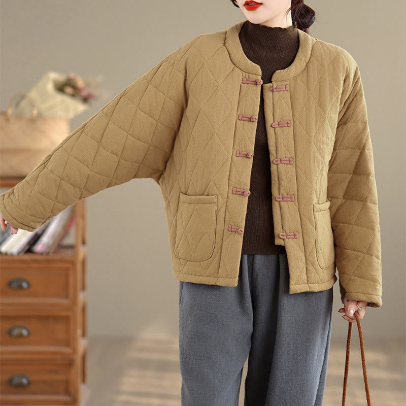 Winter Frog-Button Diamond-shaped Lines Cotton Long Sleeve Women's Thermal Jacket With Pockets