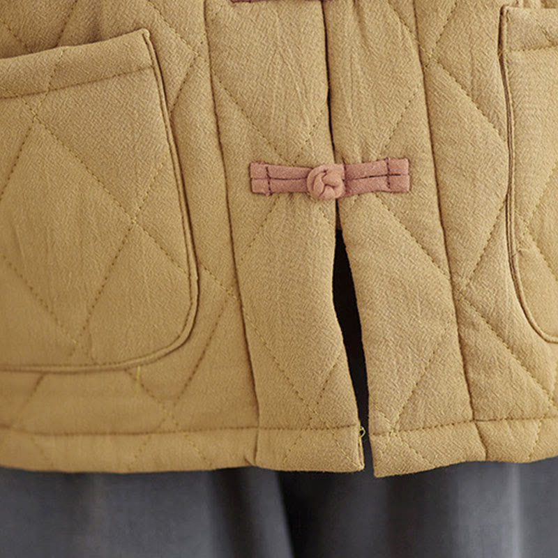Winter Frog-Button Diamond-shaped Lines Cotton Long Sleeve Women's Thermal Jacket With Pockets