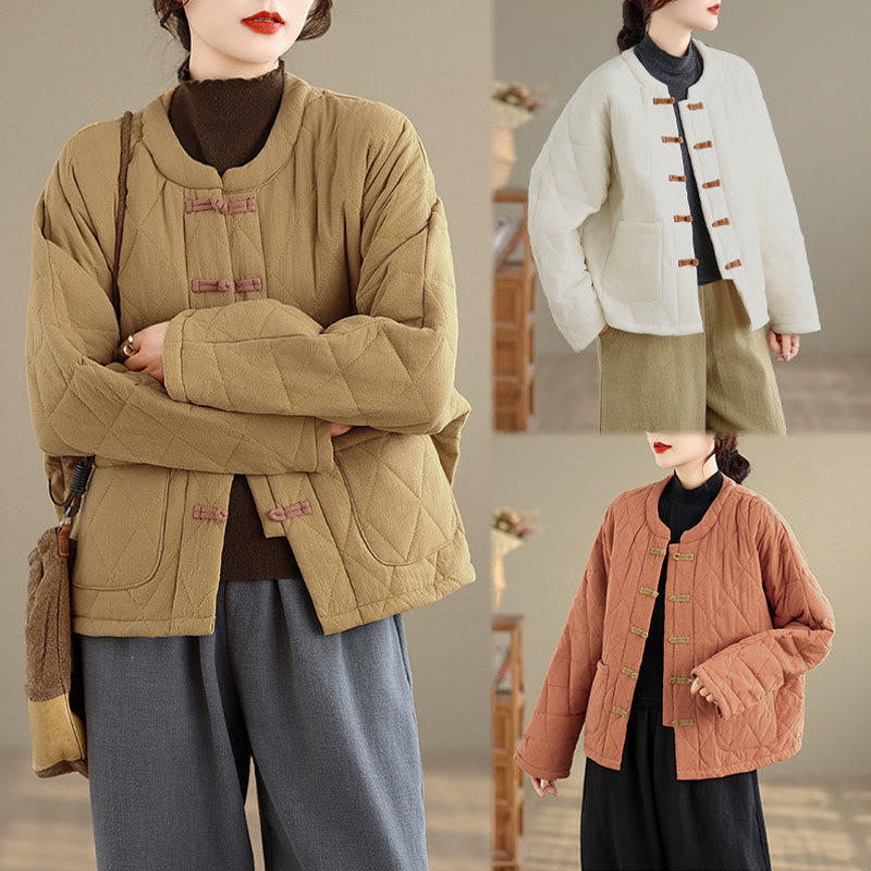 Winter Frog-Button Diamond-shaped Lines Cotton Long Sleeve Women's Thermal Jacket With Pockets