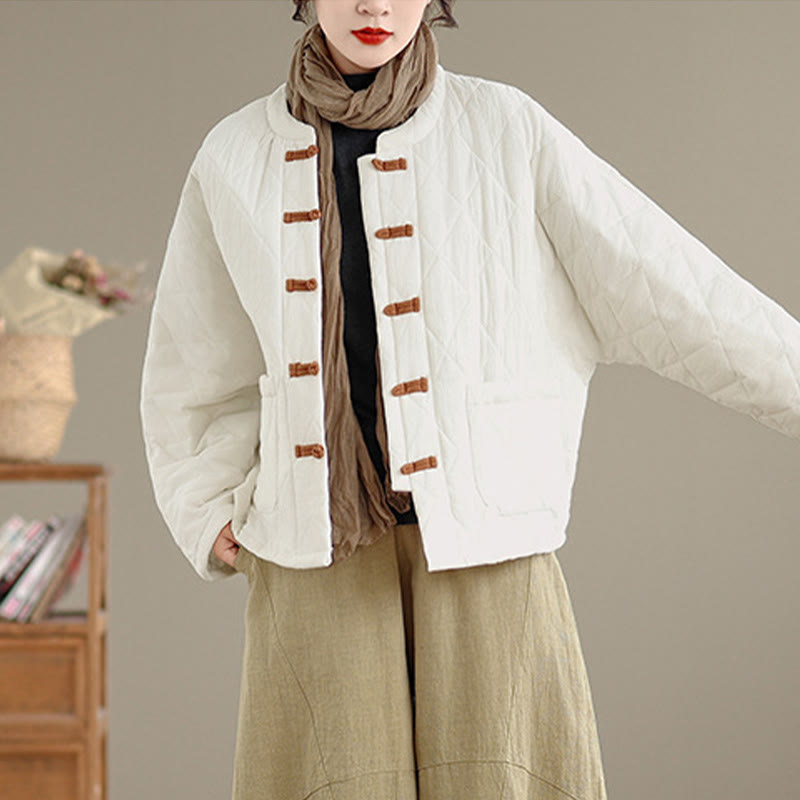 Winter Frog-Button Diamond-shaped Lines Cotton Long Sleeve Women's Thermal Jacket With Pockets