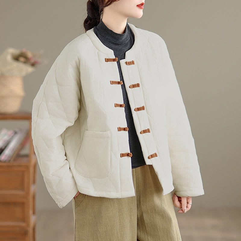 Winter Frog-Button Diamond-shaped Lines Cotton Long Sleeve Women's Thermal Jacket With Pockets