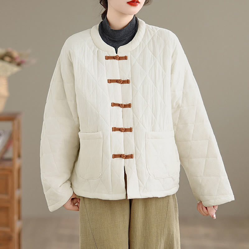 Winter Frog-Button Diamond-shaped Lines Cotton Long Sleeve Women's Thermal Jacket With Pockets