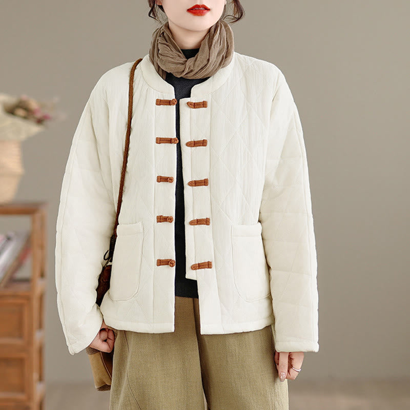 Winter Frog-Button Diamond-shaped Lines Cotton Long Sleeve Women's Thermal Jacket With Pockets