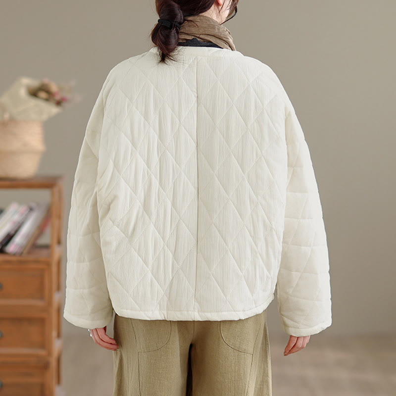 Winter Frog-Button Diamond-shaped Lines Cotton Long Sleeve Women's Thermal Jacket With Pockets