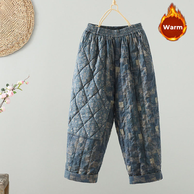 Winter Square Diamond-shaped Patchwork Elastic Waist Women's Cotton Harem Pants With Pockets