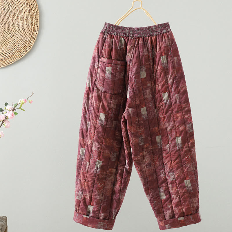 Winter Square Diamond-shaped Patchwork Elastic Waist Women's Cotton Harem Pants With Pockets