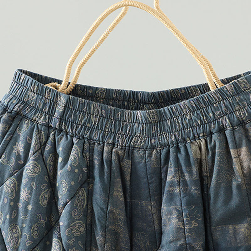 Winter Square Diamond-shaped Patchwork Elastic Waist Women's Cotton Harem Pants With Pockets