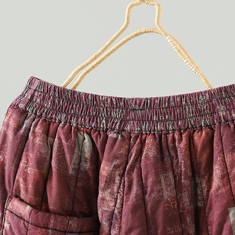 Winter Square Diamond-shaped Patchwork Elastic Waist Women's Cotton Harem Pants With Pockets