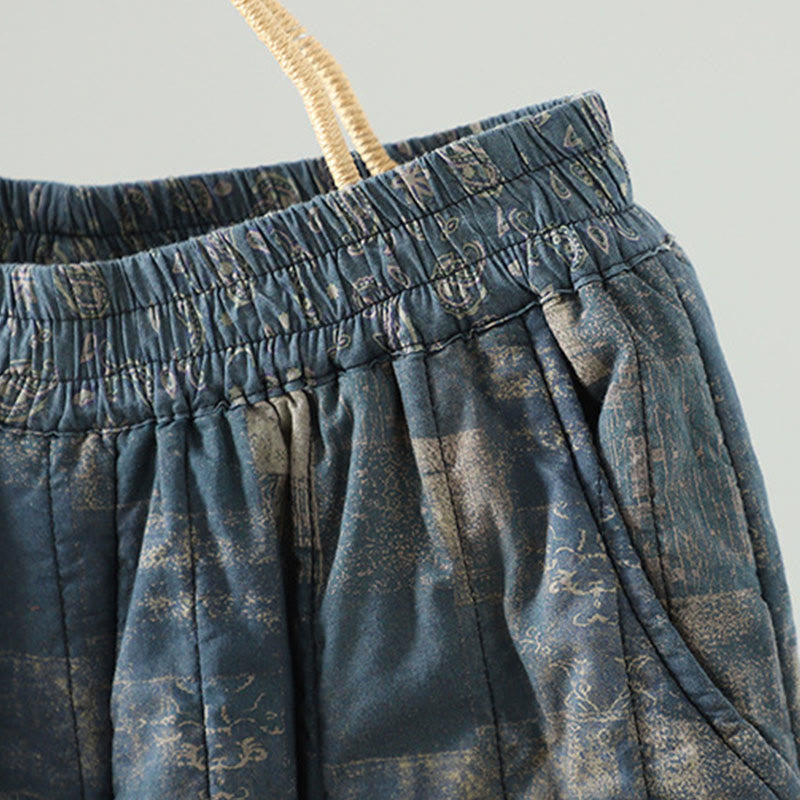 Winter Square Diamond-shaped Patchwork Elastic Waist Women's Cotton Harem Pants With Pockets