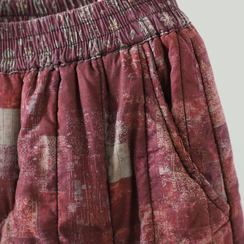 Winter Square Diamond-shaped Patchwork Elastic Waist Women's Cotton Harem Pants With Pockets