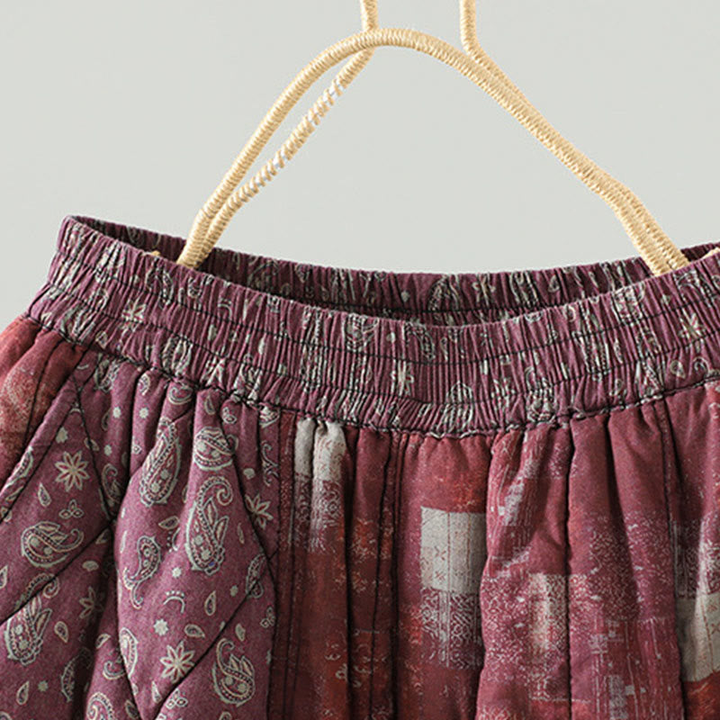 Winter Square Diamond-shaped Patchwork Elastic Waist Women's Cotton Harem Pants With Pockets