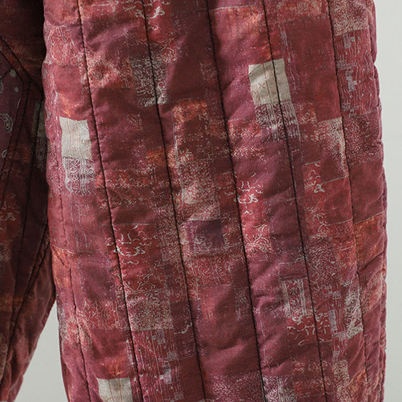 Winter Square Diamond-shaped Patchwork Elastic Waist Women's Cotton Harem Pants With Pockets