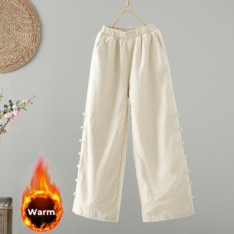 Winter Elastic Waist Frog-Button Design Cotton Thermal Women's Straight Leg Pants With Pockets