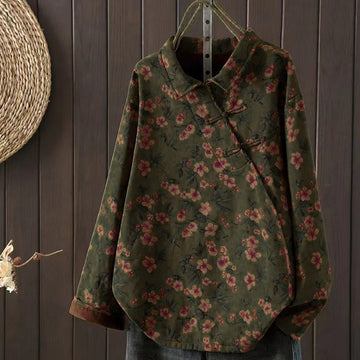Winter Flower Green Leaves Frog-Button Stand Collar Long Sleeve Women's Cotton Shirt