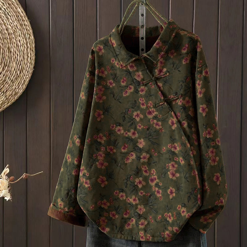 Winter Flower Green Leaves Frog-Button Stand Collar Long Sleeve Women's Cotton Shirt