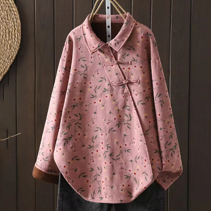 Winter Flower Green Leaves Frog-Button Stand Collar Long Sleeve Women's Cotton Shirt