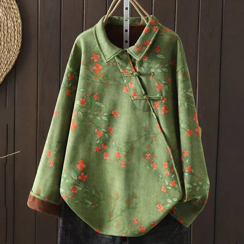 Winter Flower Green Leaves Frog-Button Stand Collar Long Sleeve Women's Cotton Shirt