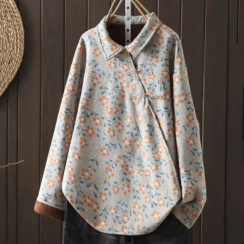 Winter Flower Green Leaves Frog-Button Stand Collar Long Sleeve Women's Cotton Shirt