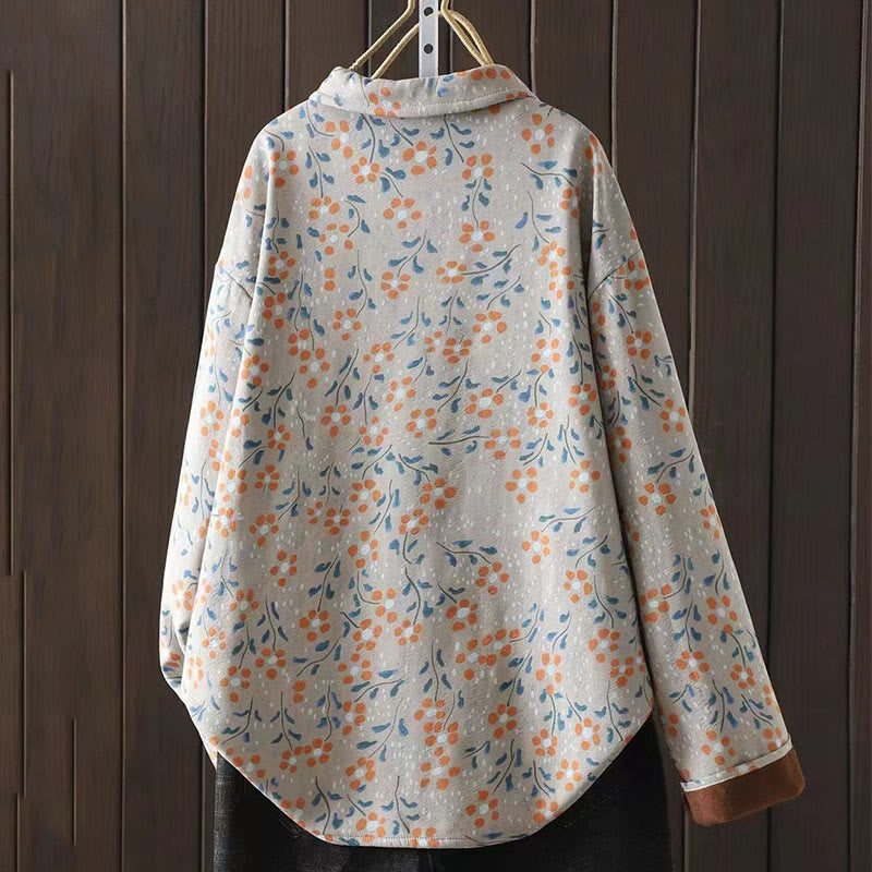 Winter Flower Green Leaves Frog-Button Stand Collar Long Sleeve Women's Cotton Shirt