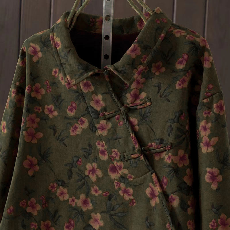 Winter Flower Green Leaves Frog-Button Stand Collar Long Sleeve Women's Cotton Shirt
