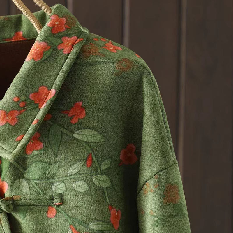 Winter Flower Green Leaves Frog-Button Stand Collar Long Sleeve Women's Cotton Shirt