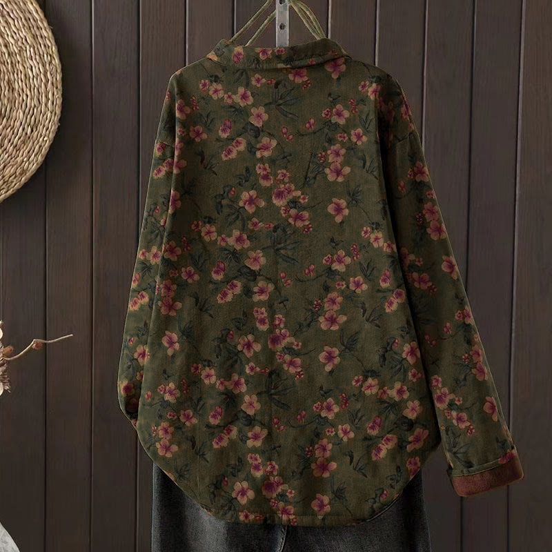 Winter Flower Green Leaves Frog-Button Stand Collar Long Sleeve Women's Cotton Shirt