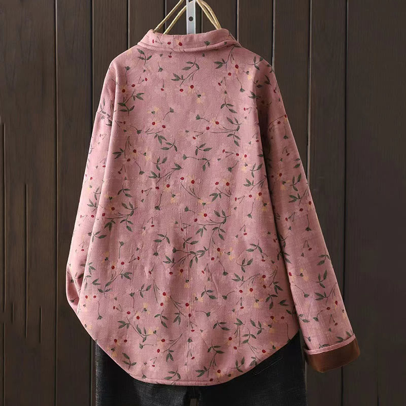 Winter Flower Green Leaves Frog-Button Stand Collar Long Sleeve Women's Cotton Shirt