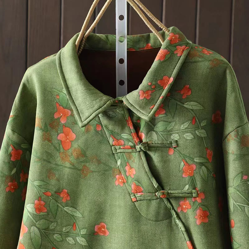 Winter Flower Green Leaves Frog-Button Stand Collar Long Sleeve Women's Cotton Shirt