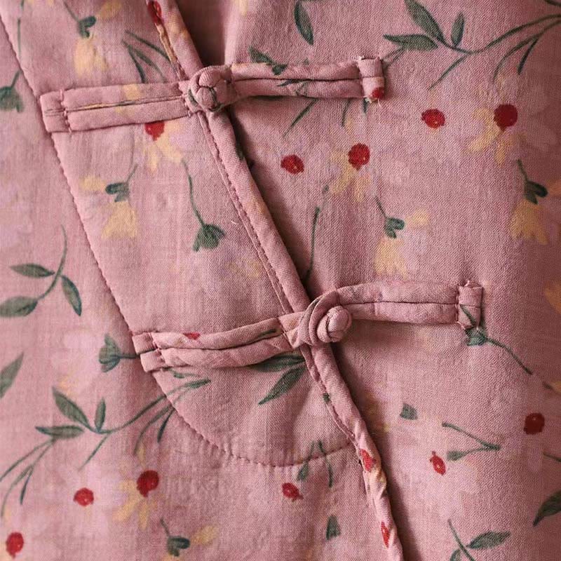 Winter Flower Green Leaves Frog-Button Stand Collar Long Sleeve Women's Cotton Shirt