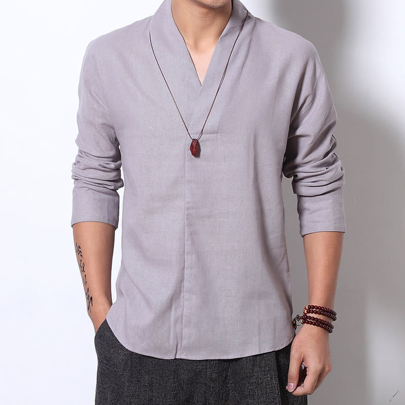 Structured Linen V-Neck Meditation Long Sleeve Men's Shirt