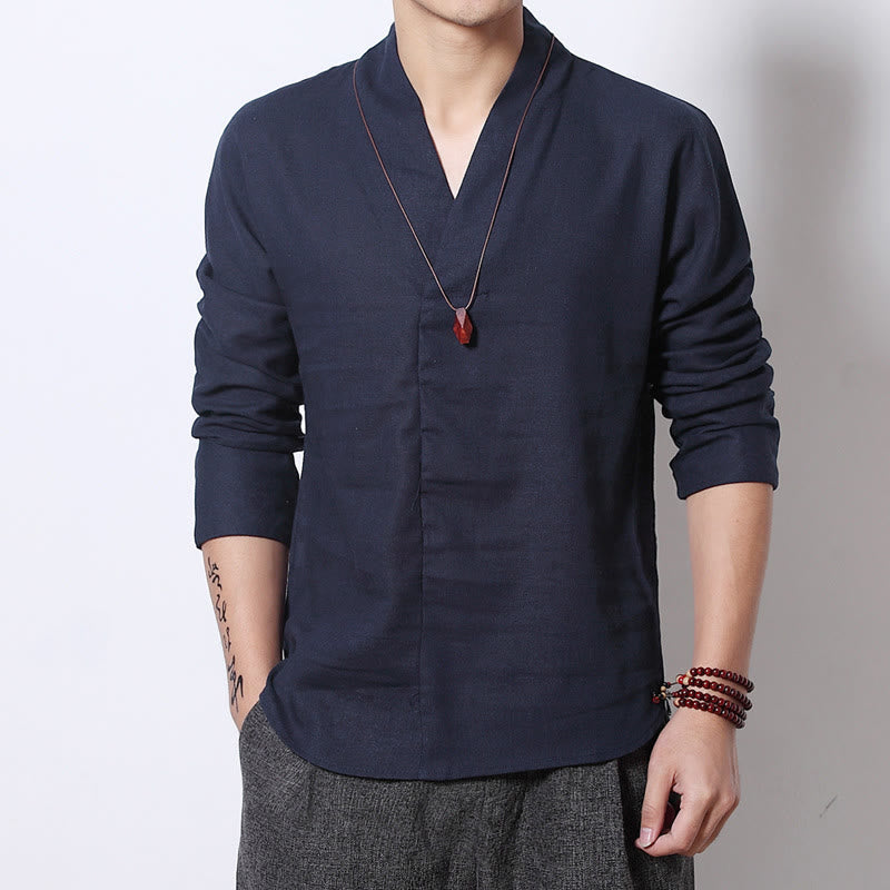 Structured Linen V-Neck Meditation Long Sleeve Men's Shirt