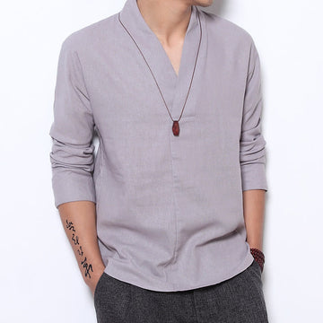Structured Linen V-Neck Meditation Long Sleeve Men's Shirt
