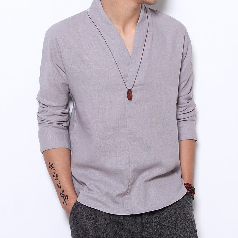 Structured Linen V-Neck Meditation Long Sleeve Men's Shirt