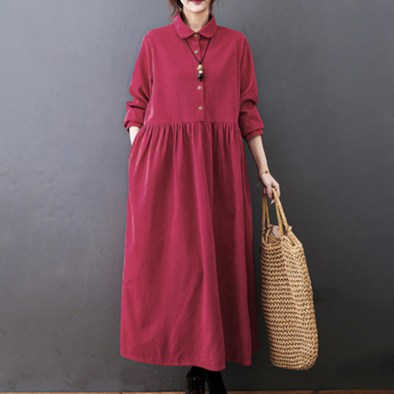 Textured Cotton Corduroy Long Sleeve Mindful Midi Dress