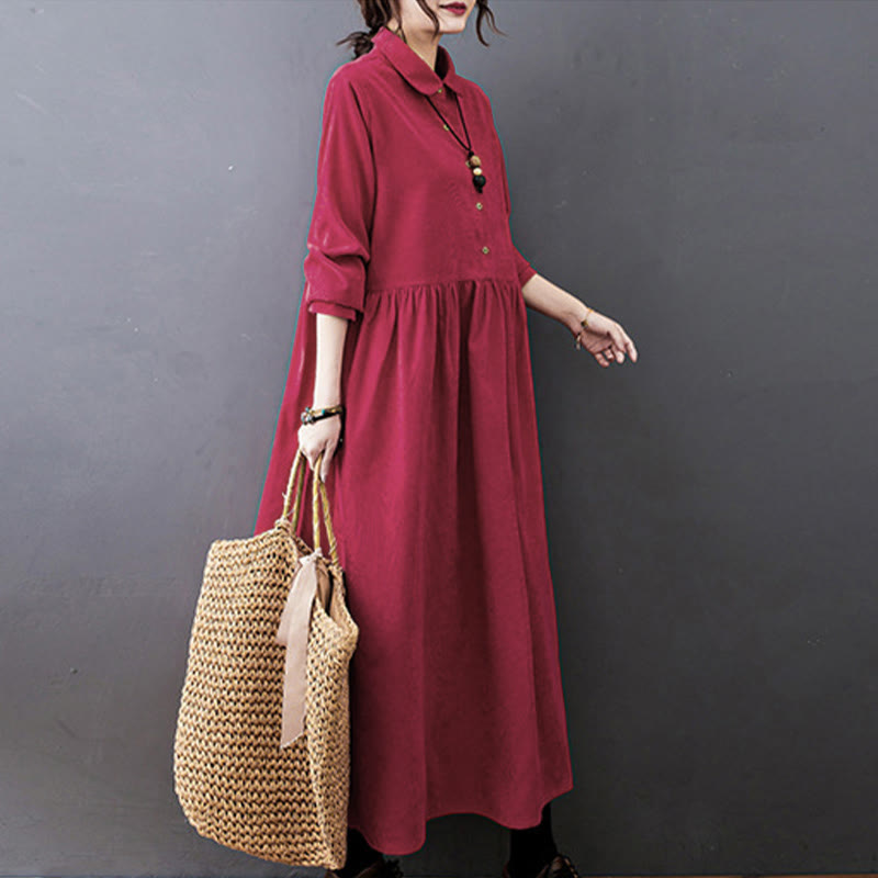Textured Cotton Corduroy Long Sleeve Mindful Midi Dress