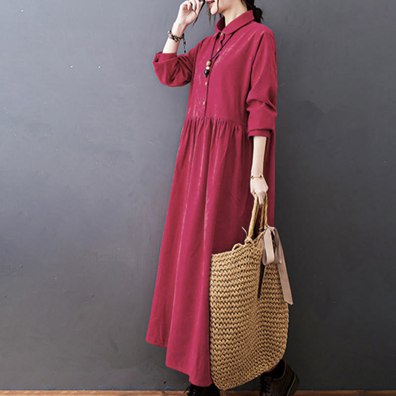 Textured Cotton Corduroy Long Sleeve Mindful Midi Dress