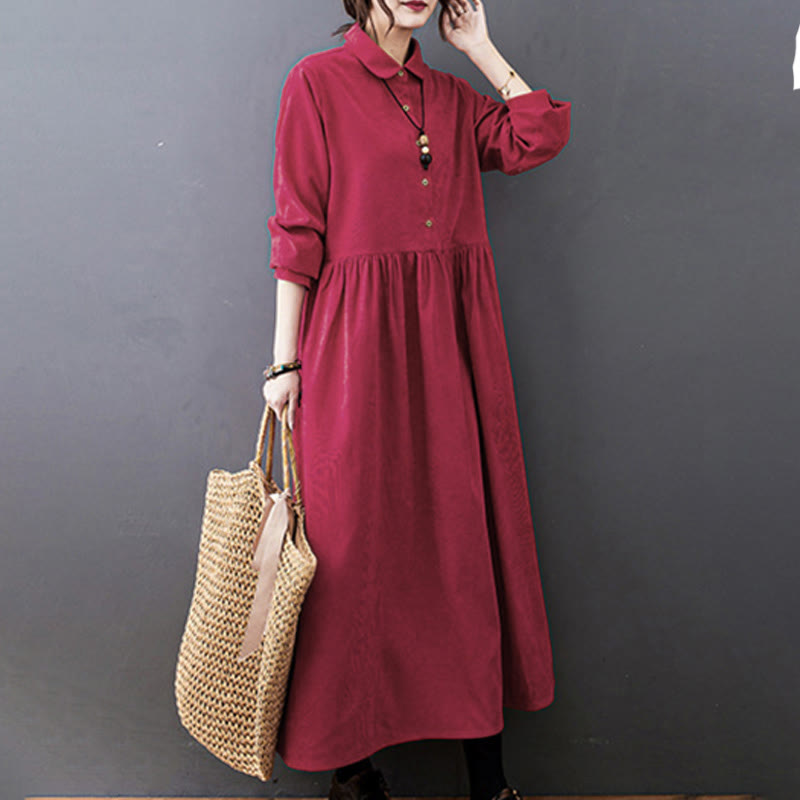Textured Cotton Corduroy Long Sleeve Mindful Midi Dress