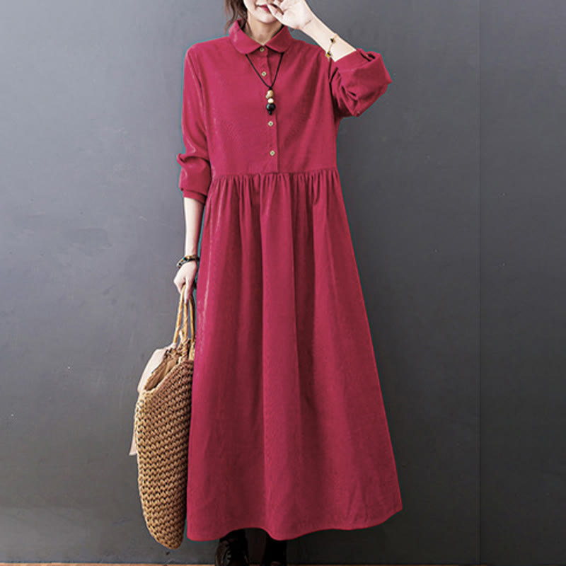 Textured Cotton Corduroy Long Sleeve Mindful Midi Dress