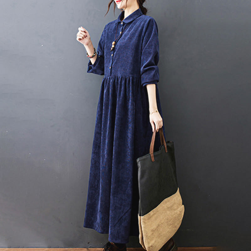 Textured Cotton Corduroy Long Sleeve Mindful Midi Dress